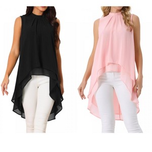 INSPIRE CHIC Women's Casual Tie Back Asymmetrical High Low Sleeveless Mock Neck Flowy Blouse 2 Packs - 1 of 4