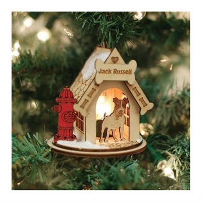 Jack Russell Doghouse Wooden Christmas Ornament with Fire Hydrant