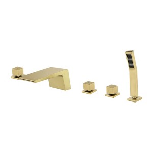 Cobbe 5-Hole Bathtub Faucet Set in Brushed Gold Set - with Hot/Cold Water Switch, Diverter Knob, Hand Shower Head and 4.72-Inch Wide Waterfall Spout - 1 of 4