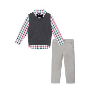 Andy & Evan  Toddler  White Plaid Buttondown w/Charcoal Sweater Vest & Bowtie - 1 of 4