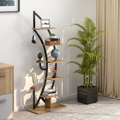 Curved Black Metal and Wood 6-Tier Plant Stand with Hook