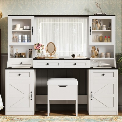 JUJABU 61.5" Farmhouse Vanity Table with Mirror, 5 Drawers, 4 Cabinets and Cushioned Stool for Bedroom