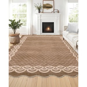 Washable Scalloped Area Rugs, Modern Bordered Floor Mats, Non-Slip Contemporary Accent Rug, Non-Shedding Soft Low Pile Indoor Carpet for Living Room - 1 of 4