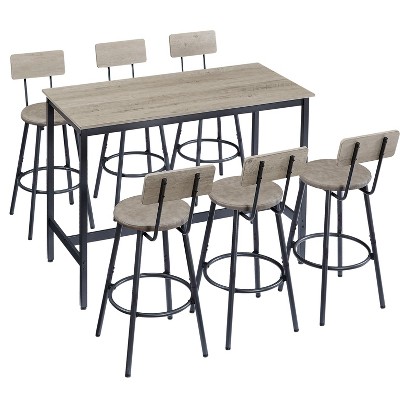 VYNXARIA High Dining Table 7 Piece Set, Industrial Style Pub Table, 6 PU Leather Bar Chairs for Kitchen Breakfast Table, Living Room, Bar, Rustic Grey