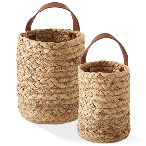Casafield Set of 2 Wall Hanging Baskets with Handles (Small and Large) - Natural Water Hyacinth, Woven Boho Plant and Flower Storage Pots - 1 of 4
