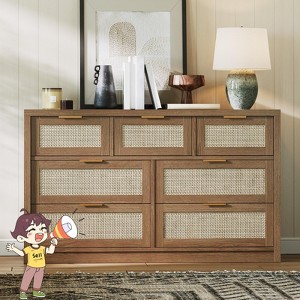 Jojoka Rattan 6 Drawer Chest of Drawers, Natural Wood Dresser with Gold Handles, Storage Organizer for Bedroom, Living Room, Hallway - 1 of 4