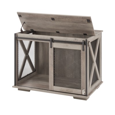 VisioGear Dog Cage Crate with Sliding Door, Dog Kennel End Table with Flip-top, Plate Dog House with Detachable Divider, Gray, 37"*25.6"*28.74"