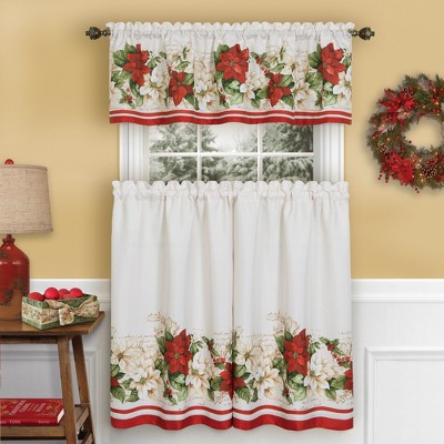 Red and White Poinsettia Elegant Holiday Kitchen Tiers and Valance - 3 Piece Set - Elrene Home Fashions