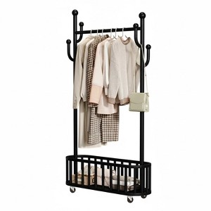 Rolling Clothes Rack with Wheels – Metal Standing Garment Rack, Storage Shelf & 4 Hooks, Hanger Rack for Bedroom Closet & Living Room - 1 of 4