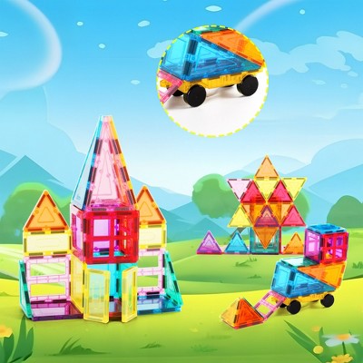 PicassoTiles 61-Piece Multicolor Magnetic Building Blocks Set with Car Base