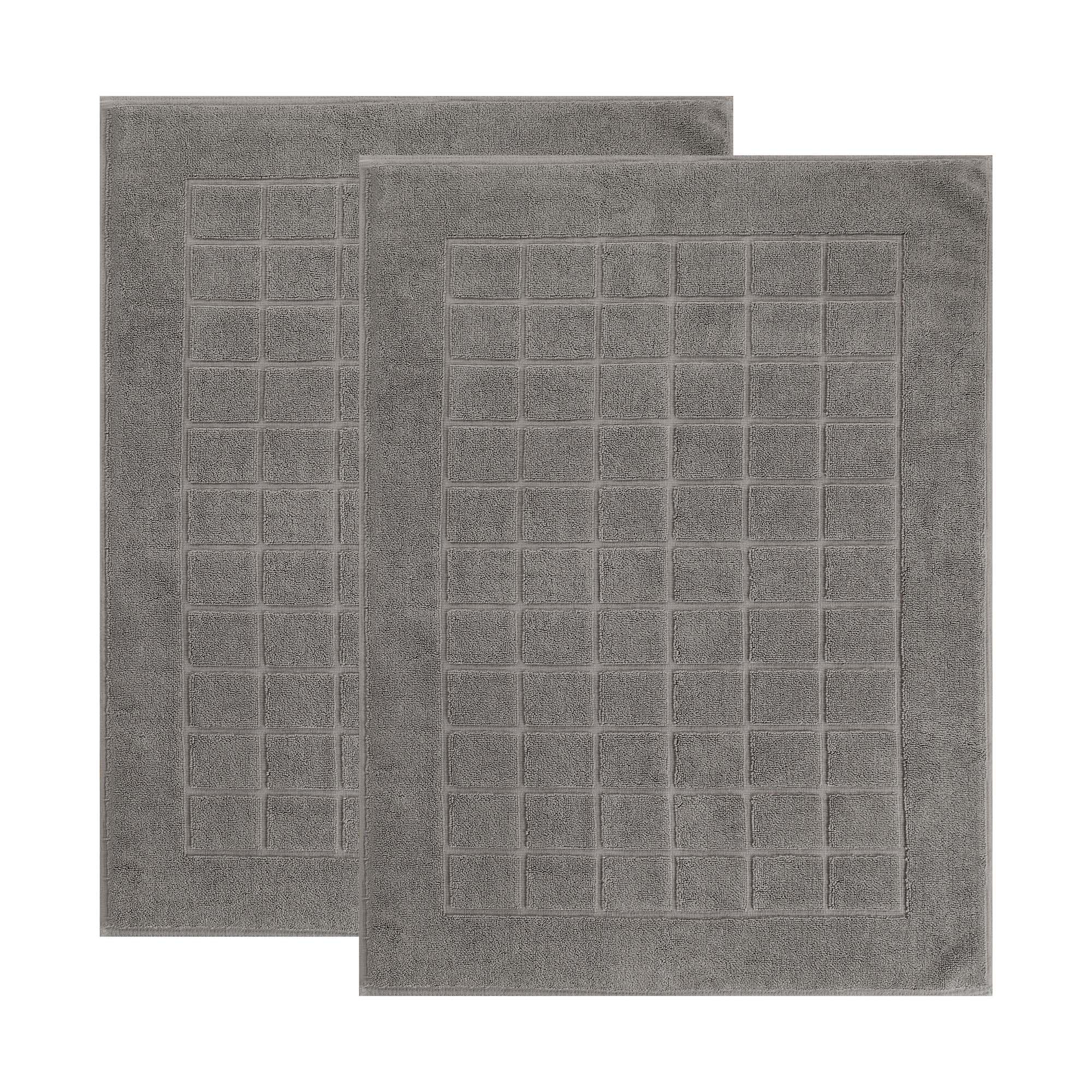 Cotton Solid Absorbent Thick Checkered Grid Washable Bath Mats, Set of 2, Charcoal - Blue Nile Mills