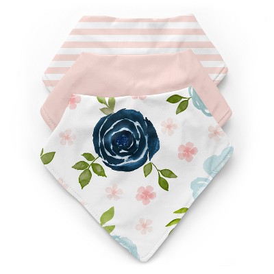 Image of Sweet Jojo Designs Girl Fabric Baby Bibs Watercolor Floral Navy Blue and Pink 3pc
