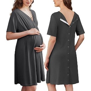 Ekouaer Labor and Delivery Gown for Hospital Short Sleeve Maternity Nursing Dress Nightgown with Button - 1 of 4