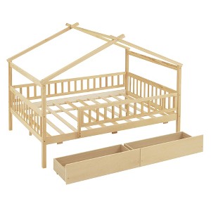 Gulches Full Size Wooden House Bed for Kids with Two Drawers, Natural - Solid Pine Wood Frame, Whimsical House-Shaped Bed - 1 of 4