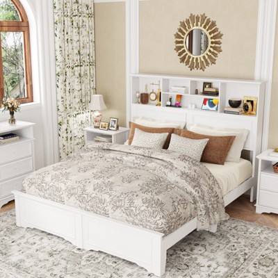 Brafabhome Farmhouse High Headboard Queen Bed Frame with Storage Shelves, Rustic Wood Platform Bed with Charging Station for Bedroom Apartment | White