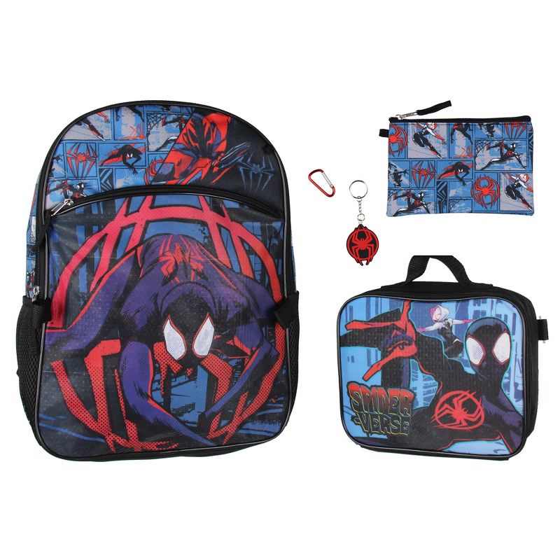 Spider-Man Miles Morales Backpack Lunch Box Key Chain Case 5 pc Set Blue, 1 of 7