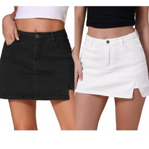 INSPIRE CHIC Women's Jean Side Slit High Waisted A-Line Stretch Mini Denim Skirts 2 Packs - 1 of 4