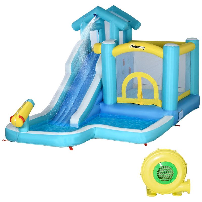 Outsunny 5-in-1 Inflatable Water Slide, Kids Castle Bounce House with Slide, Trampoline, Pool, Cannon, Climbing Wall Includes Carry Bag, Ocean Balls, 1 of 7
