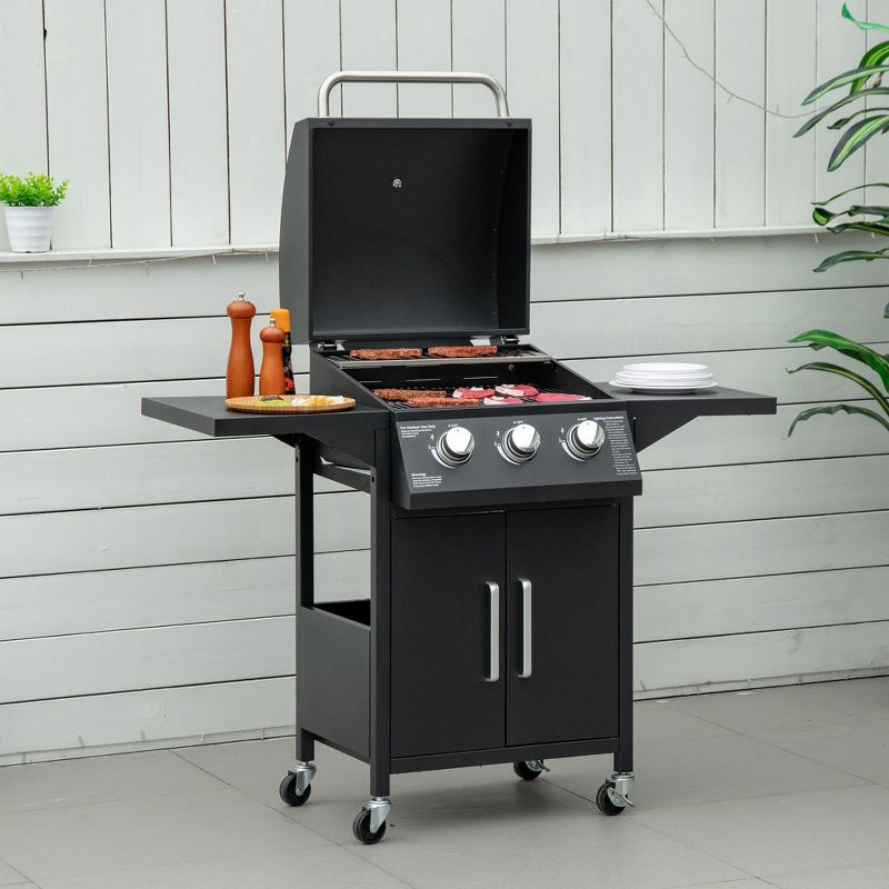 Outsunny 3 Burner Portable Gas Grill w/ Wheels, Outdoor Steel Propane Barbecue w/ Warming Rack, Shelves, Storage Cabinet, Thermometer, Black, 2 of 7