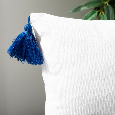 Orlanda 16'' Blue and White Cotton Throw Pillow with Tassels
