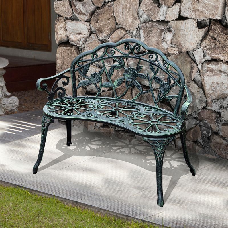 Outsunny Outdoor Bench, Cast Aluminum Outdoor Furniture, Metal Bench with Floral Rose Accent & Antique Finish, Green, 3 of 9