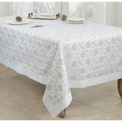 White Floral Embroidered Rectangular Fabric Tablecloth, 50" x 70"