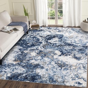 TROPOW Washable Blue Area Rug, Indoor Modern Abstract Non Slip Blue Rugs for Living Room, Low Pile Ultra Thin Throw Carpet - 1 of 4