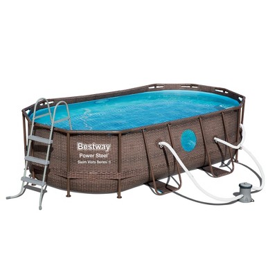 Bestway 56715E Power Steel Swim Vista 14' x 8'2" x 39.5"  Outdoor Oval Above Ground Swimming Pool Set with 530 GPH Filter Pump, Cover, & Ladder