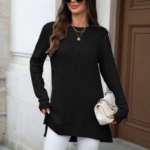 Ladies' Solid Crew Neck Relaxed Fit Long - Sleeve T - Shirt with Side Slits - 1 of 4