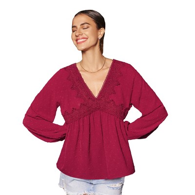 Women's Burgundy Lace V-Neck High-Low Blouson Sleeve Top - Cupshe