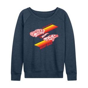 Women's - Hot Wheels - Valentine's You Make My Heart Race Lightweight French Terry Wide Neck Long Sleeve Shirt - 1 of 4