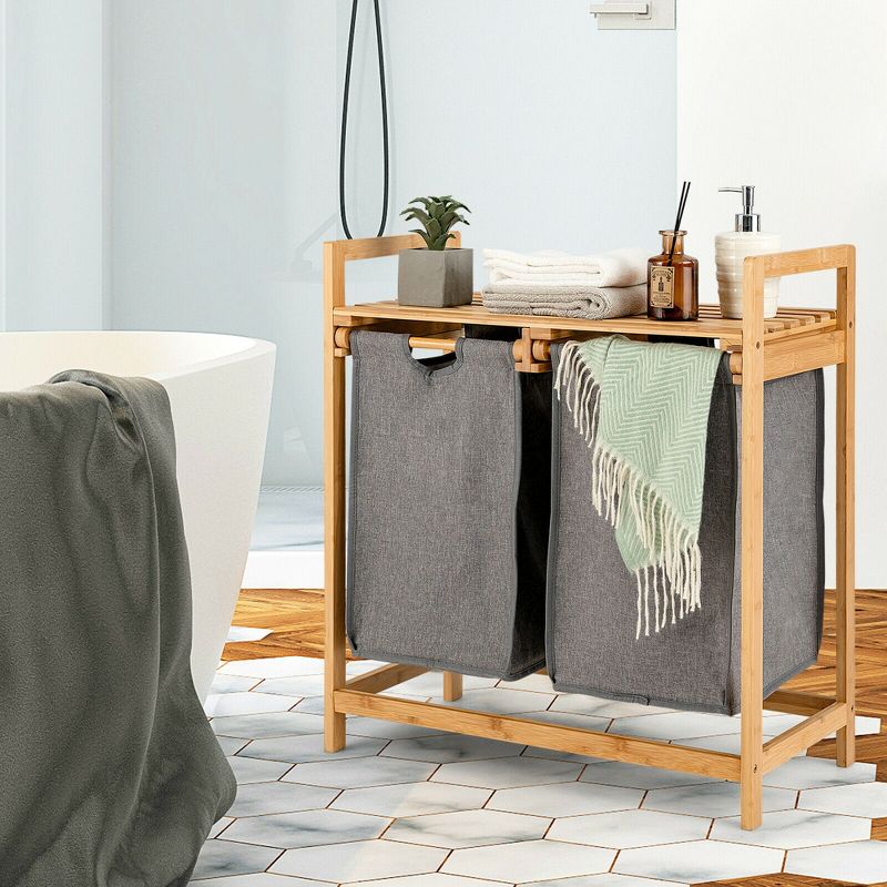 Costway Bamboo Laundry Hamper w/Dual Compartments Laundry Sorter w/Sliding Bags & Shelf, 4 of 11