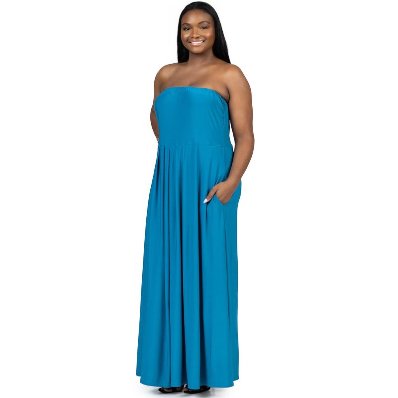 24seven Comfort Apparel Plus Size Pleated A Line Strapless Maxi Dress With Pockets, 2 of 7