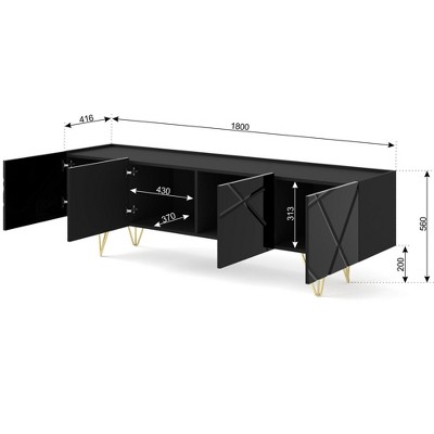 Black Gloss Modern TV Stand with Gold Metal Legs and Cabinet