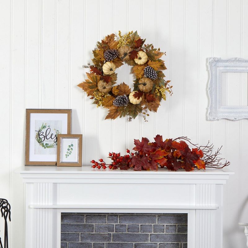 Nearly Natural 24” Fall Pumpkins, Pine Cones and Berries Artificial Wreath, 3 of 4