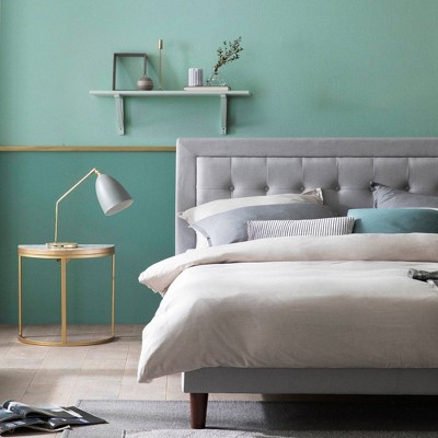 Queen Gray Upholstered Platform Bed Frame with Tufted Headboard