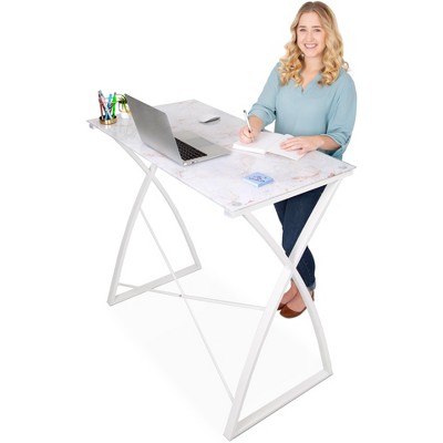 Joy Glass Standing Desk – 43” Modern Multifunctional Stand-Up Table – Wood Print – Stand Steady