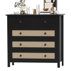 SEVOBAL Utility Storage Cabinets Five Drawer Chest Woven Rattan Detail Modern Storage Living Room Home Office Entryway, Black, 15.6"*39.4"*37" - 1 of 4