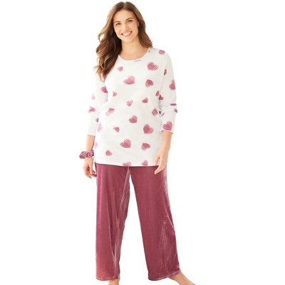 Dreams & Co. Women's Plus Size Pajama Set With Free Velour Scrunchie