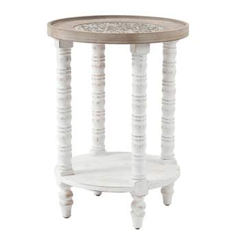 LuxenHome White and Natural Wood Round Accent Side Table with Storage. Off-White
