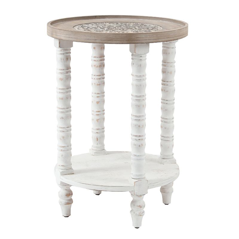 LuxenHome White and Natural Wood Round Accent Side Table with Storage. Off-White, 1 of 11