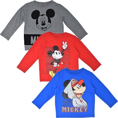 Image of Disney Mickey Mouse Infant Baby Boys 3 Pack Long Sleeve T-Shirts Red/Blue/Grey 18 Months