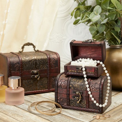 Vintage Style Wooden Treasure Chest Boxes with Floral Motifs, Set of 3