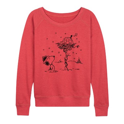 Women's - Peanuts - Snoopy Woodstock Igloo Lightweight French Terry Wide Neck Long Sleeve Shirt