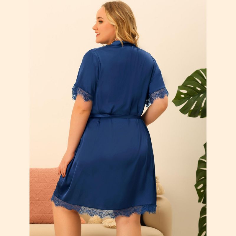 Agnes Orinda Women's Plus Size Satin Side Pocket Lace Trim Pajamas Robes, 4 of 6