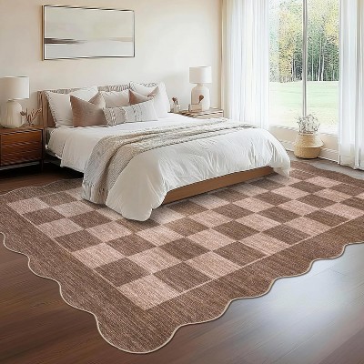 Washable Kitchen Rug, Non-Slip Low Pile Scalloped Checkerboard Farmhouse Entryway Mat, Soft Neutral Area Rug
