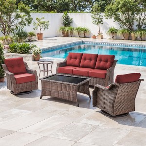 Belord 5PCS Patio Furniture Set with 6" Thick Cushion, Brown Wicker Outdoor Conversation Set with Swivel Chairs and Tempered Glass Top Coffee Table - 1 of 4