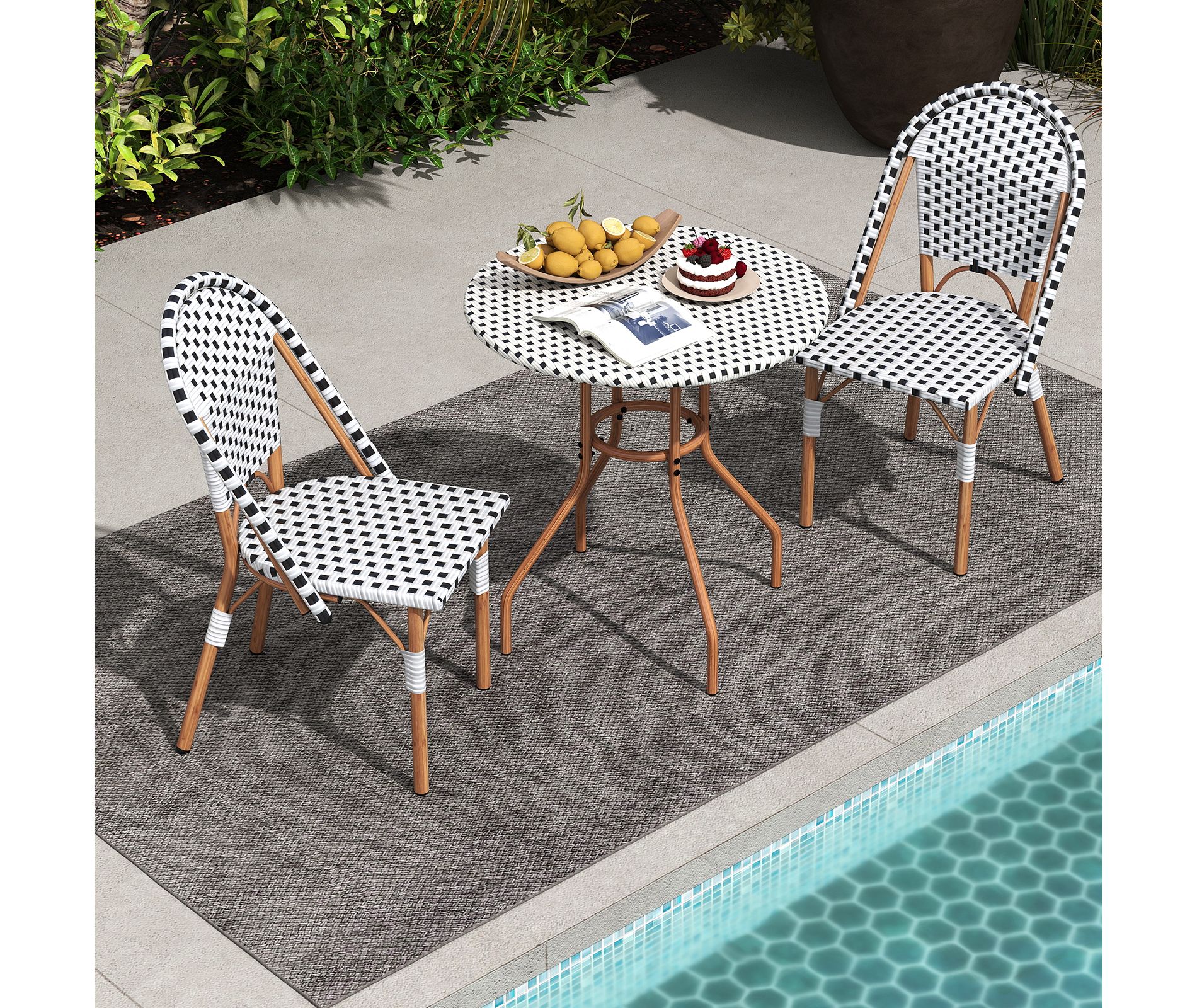 Costway 3 Piece French Bistro Table Chair Set Outdoor Wicker Round Table & 2 Dining Chairs