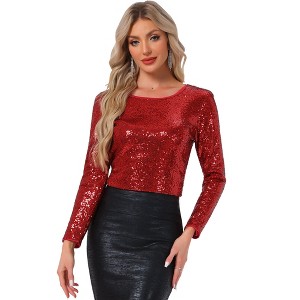 Allegra K Women's Sequin Glitter Round Neck Long Sleeve Evening Party Sparkly Blouse - 1 of 4