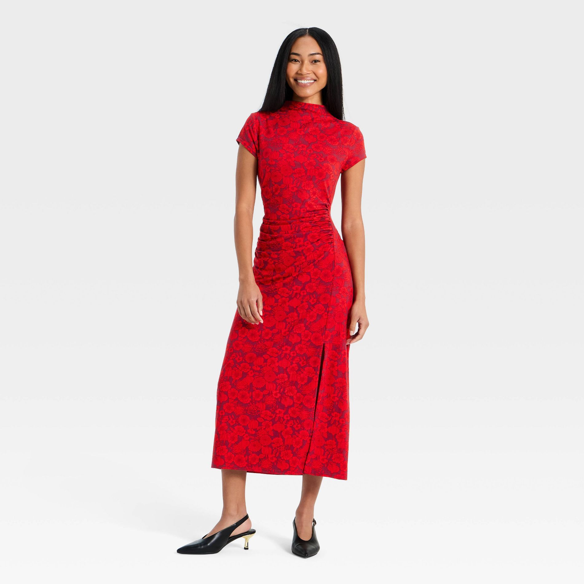 Women's Lunar New Year Cap Sleeve Midi A-Line Dress - Red Floral